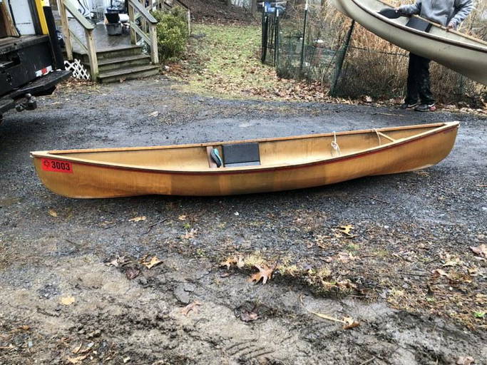 Hornbeck Boats fiberglass canoe, stored in rafters of Hudson Valley