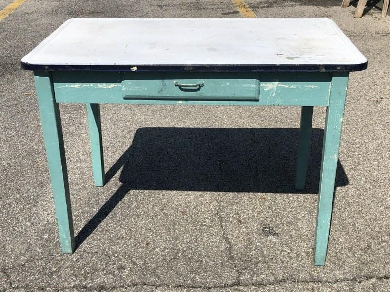 One drawer porcelain top work table, structurally sound, from local home, measures 40" wide x 25" (1 of 1)