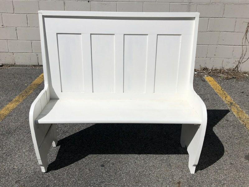 White painted country bench, was in hallway of local country home, measures 43" wide x 42" high x (1 of 2)