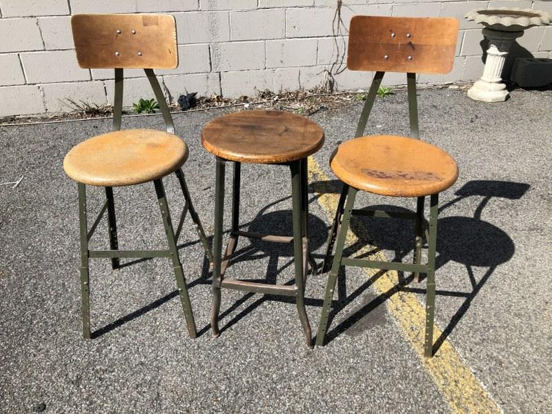 (3) Industrial stools from local factory in the Hudson Valley, all structurally soundâ€¦. (1 of 2)