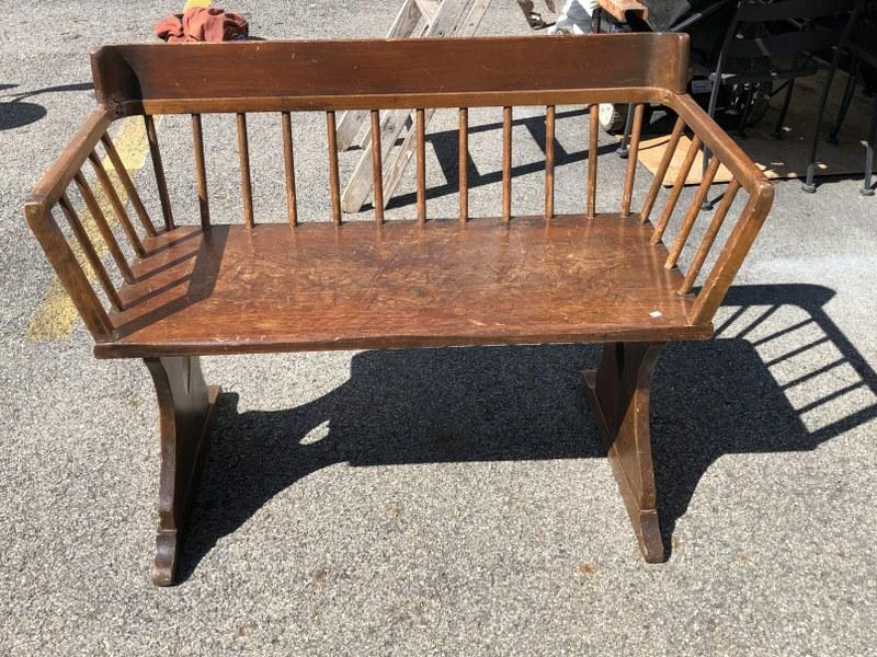 Pine spindle back and sides bench, not antique, old repair and filler to back corner, could use some (1 of 3)