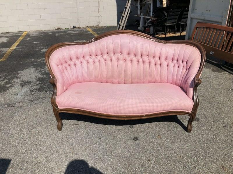 Victorian small settee or sofa, from NYC apartment, pink fabric, structurally sound, measures 62.5" (1 of 3)