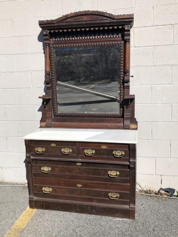 Large walnut Victorian marble top dresser with oversized mirror (has 2 small pieces of trim off, but (1 of 2)