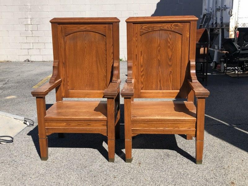 Pair oversized oak arm chairs probably from fraternal lodge, in very nice original condition, (1 of 5)