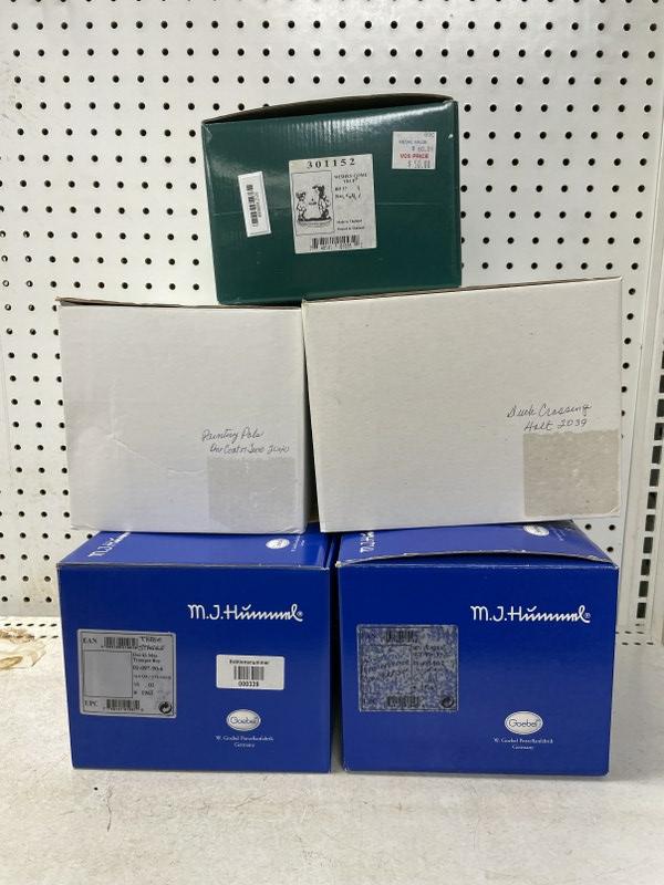 Lot of five M.J. Hummel sets in box. Everything in this lot is in box and figurines are in like-new: Lot of five M.J. Hummel sets in box. Everything in this lot is in box and figurines are in like-new condition unless otherwise noted. Most include original paperwork. Lot includes Wishes Come True (in