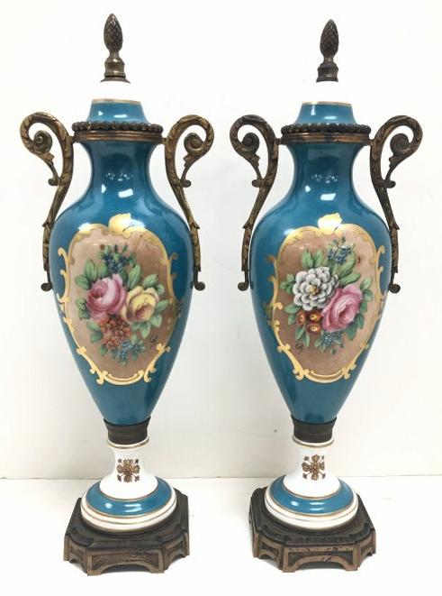 Pair hand painted porcelain & bronze trim urn shaped table lamps, marked FRANCE on bottoms as (1 of 6)