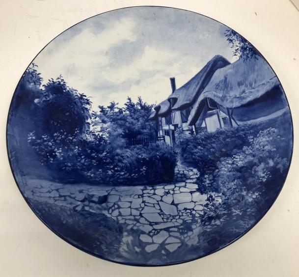 Large Doulton charger ( Ann Hathaways Cottage ). From local estate, in excellent condition, crisp: Large Doulton charger ( Ann Hathaways Cottage ). From local estate, in excellent condition, crisp blue color, has some age crackling on back. Measures 17.5" across.