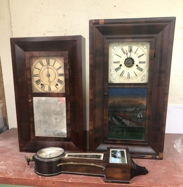 (3) as found clocks from Long Island N.Y. estate. Includes 2 early ogee clocks, makers are Levi (1 of 11)