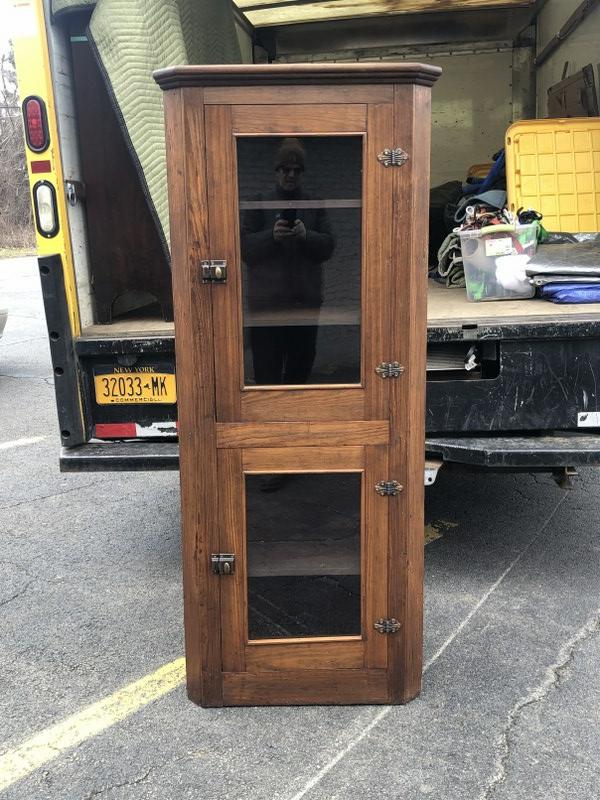 Diminutive size oak 2 door country corner cabinet (bottom door has cracked glass), nice older (1 of 4)