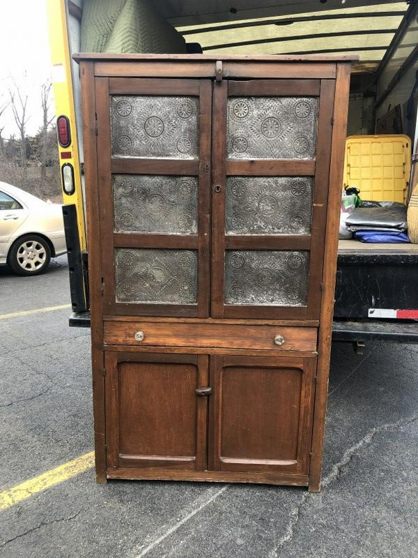 19th c pine pie cupboard with (2) pierced tin doors on top, the bottom tin panels were repalced long (1 of 8)