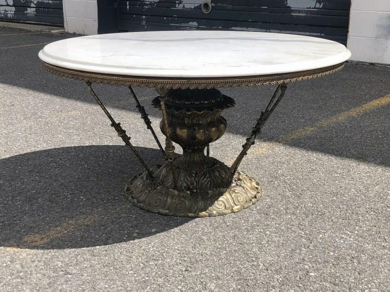 Circa 1970's round marble top table with decorative brass base, from local estate, nice condition, (1 of 3)