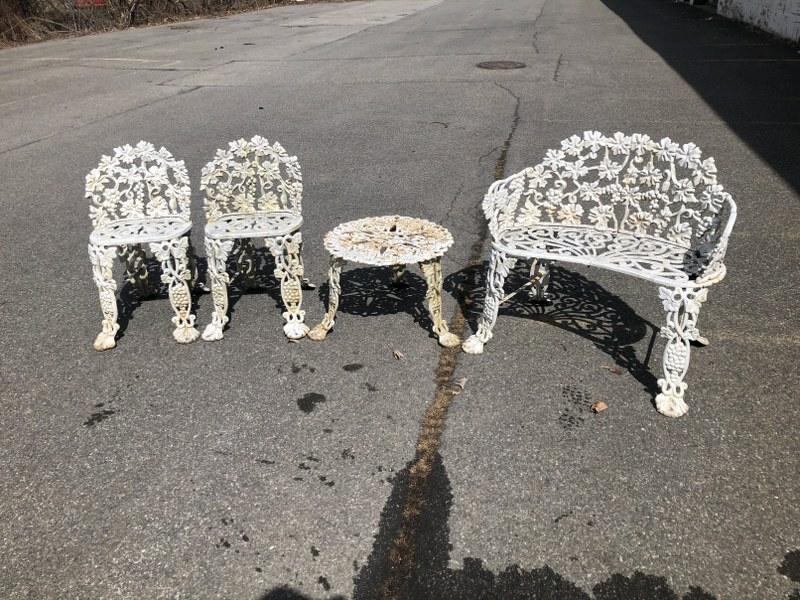 (4) pc. cast iron garden set, grape pattern, in nice estate condition, from Hudson Valley estate, (1 of 6)