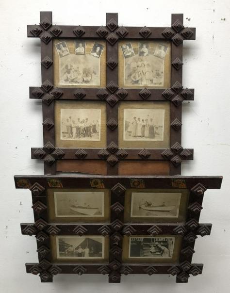 Wonderful Tramp Art hanging letter holder with circa 1920's family life snapshots inset in frame, (1 of 6)