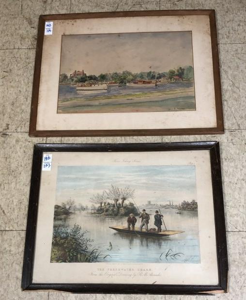 (2) framed estate pcs. Incl. (THE FRESHWATER SHARK, 1886, from original drawing by R M Alexander,: (2) framed estate pcs. Incl. (THE FRESHWATER SHARK, 1886, from original drawing by R M Alexander, has some light foxing in spots, print measures 15" x 19", wood frame has some small pieces off. The ot