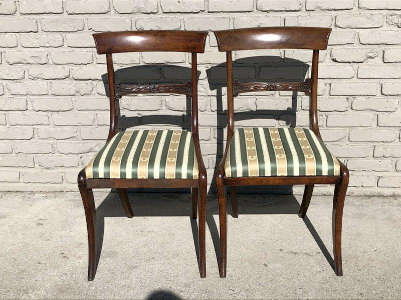 Pair period mahogany sabre leg side chairs, from fine Lenox, Mass. Home, carved center panel, (1 of 2)