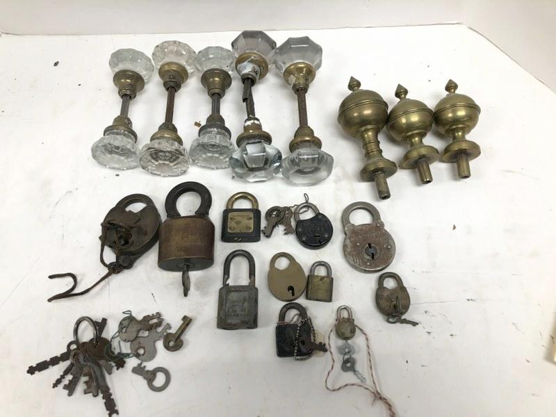 Misc. lot to incl. old locks, glass door knobs, and (3) brass finials from a clockâ€¦.from Long (1 of 11)
