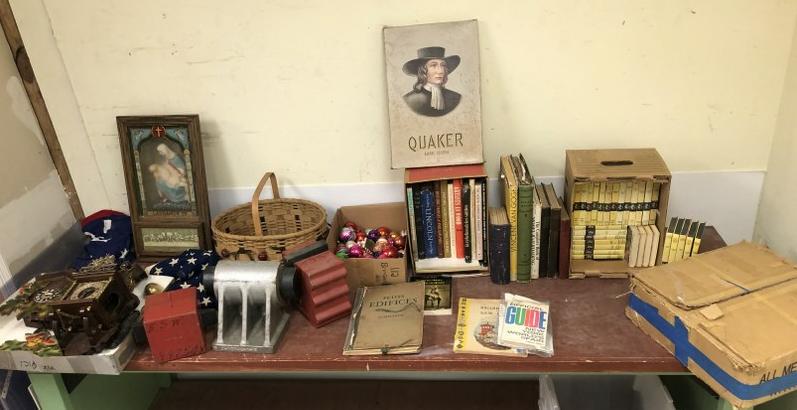 Big misc. estate lot of goods incl. cuckoo clock, wall clock with heavy pear shaped weights, old (1 of 12)