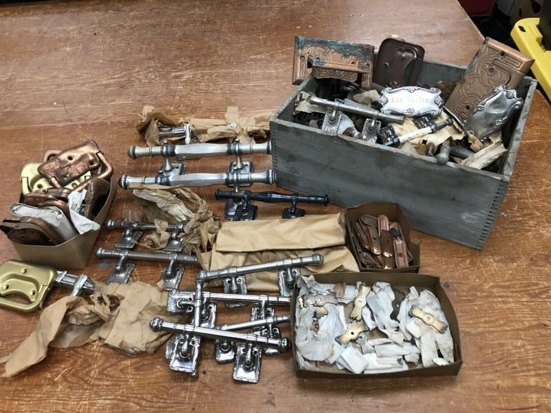 Large lot old Casket hardwares including new old stock, handles, trim, name plates, handle plates, (1 of 11)