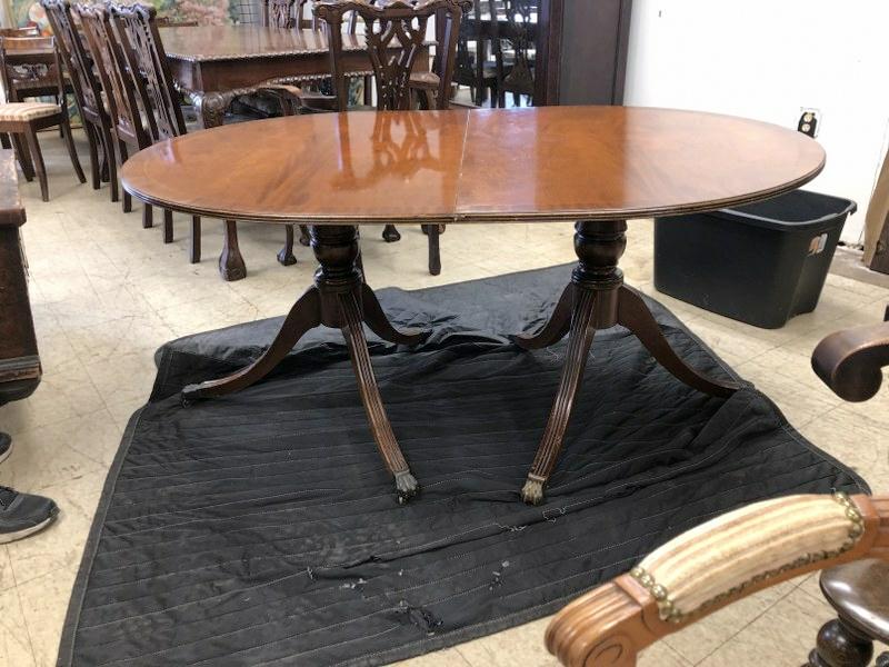 Mahogany inlaid formal dining room table with (2 ) 21.5" wide leaves, from fine Lenox, Mass. Home. (1 of 5)