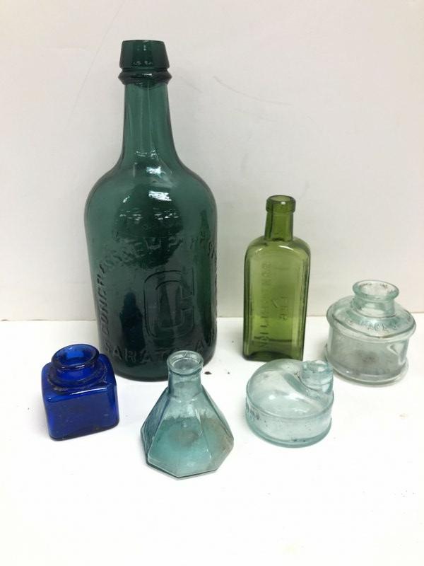 Old Glass bottles & ink bottles lot, from Hudson Valley estate, including dark green Congress &: Old Glass bottles & ink bottles lot, from Hudson Valley estate, including dark green Congress & Empires Spring Co. (Saratoga, N.Y.) Congress Water bottle in nice condition, measuring 9" high, Piso's C