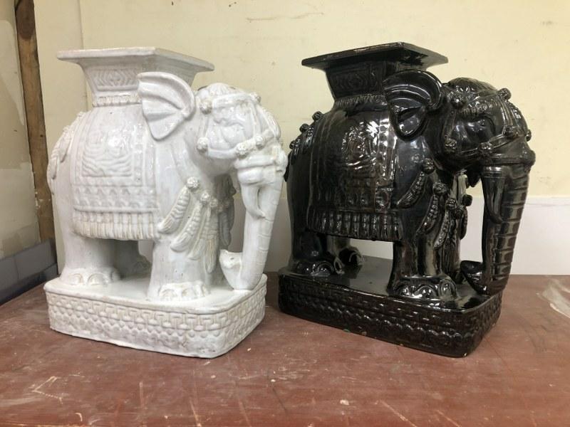 (2) figural pottery elephant garden seats, one black, one white, exactly the same except for color, (1 of 5)