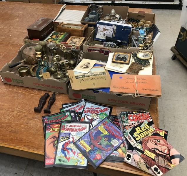 Estate big lot misc. goods including collectibles, comics, 2 folk art carved women, judaica, older (1 of 15)