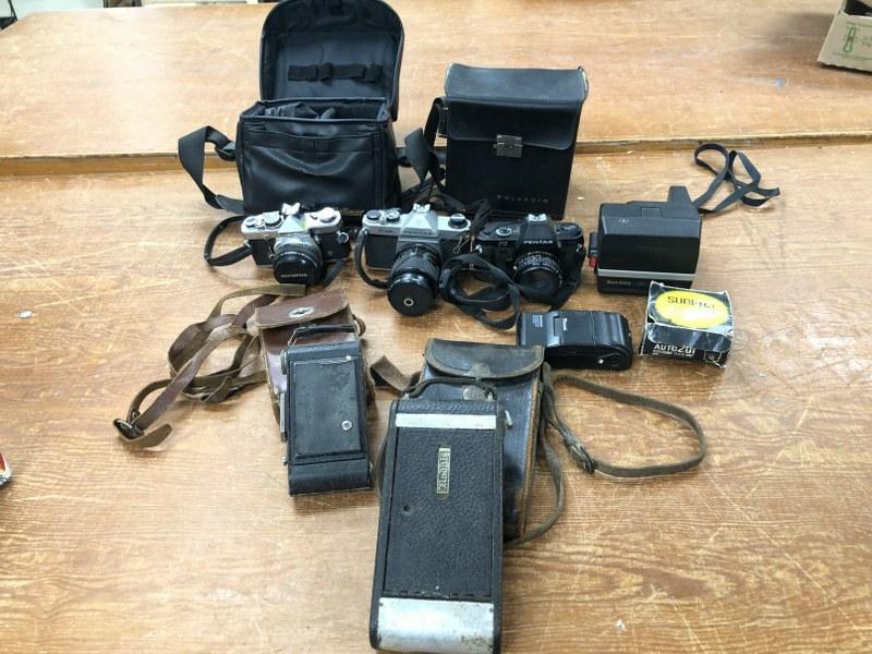 Estate lot misc. cameras incl. (3) 35 mm. Olympus OM-2, Pentax M3 & Pentax K1000. The 2 older ones (1 of 8)