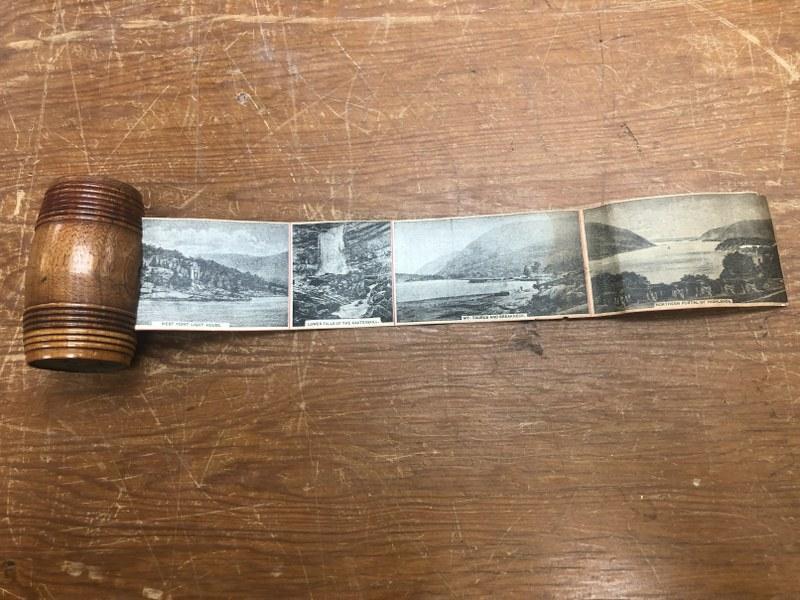 19th c Hudson River panoramic map with poem on back, in treen barrel form, intact, has to be removed (1 of 11)