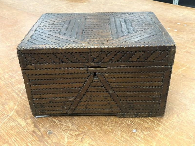 As found tramp art box made from old OLEO MARGARINE box, measures 15.5" x 11.5" x 9.5" high, a few (1 of 6)