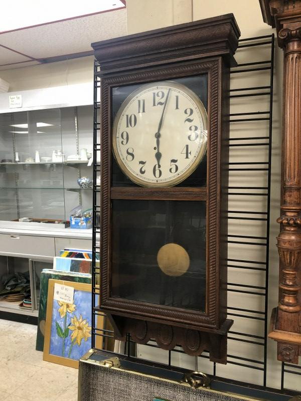 Circa 1900 oak case Regulator wall clock in original dark finish, from local Hudson Valley estate, (1 of 6)