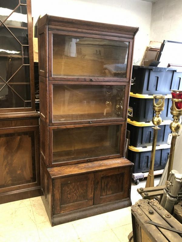 Oak 4 stack barrister bookcase, from Woodstock, N.Y. home, original finish, small piece of veneer of (1 of 4)