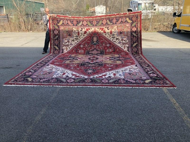 Handmade large thick wool oriental rug, from local estate, measures 182.5" x 147.5", has some small (1 of 6)