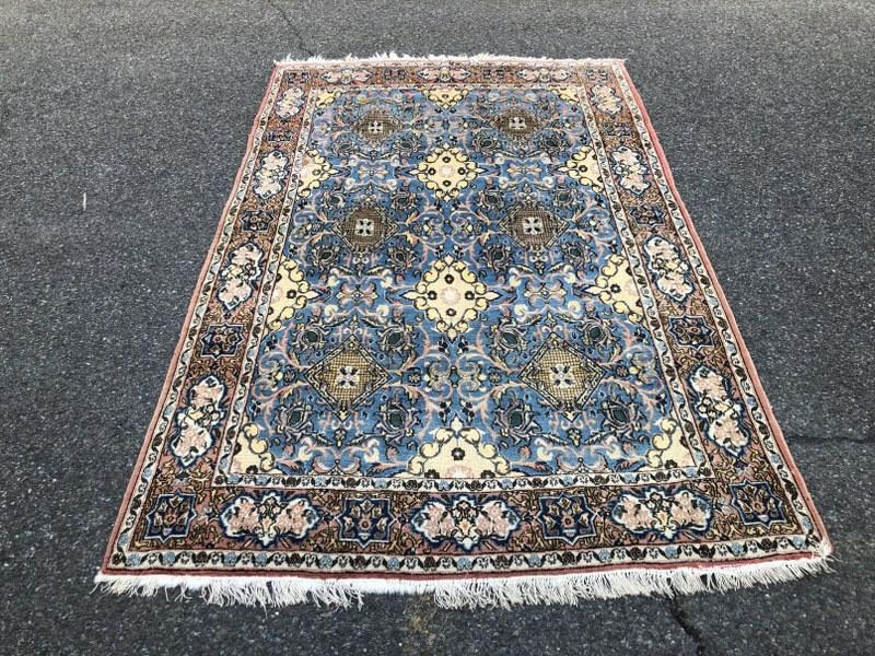 Handmade wool older oriental rug from Hudson Valley estate, small wear spot in one place. Mwasures (1 of 4)