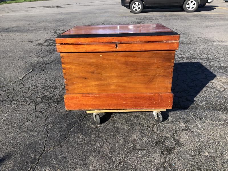 Circa 1900 large pine dovetailed tool chest storage box, with painted metal black strip around top, (1 of 5)