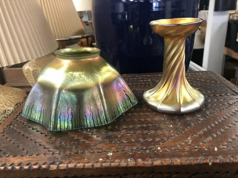 Tiffany art glass candlestick base & shade, both marked LCT, both in fine estate condition, from (1 of 10)
