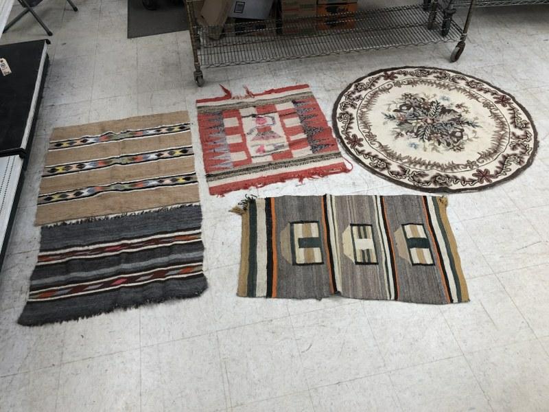 Lot of estate as is condition (worn) Indian style small rugs  & round hook rug, also as is (1 of 7)