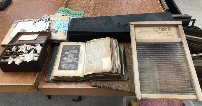 Misc. estate lot incl. large Amsterdam NY High School scrapbook, another misc. scrapbook, early wood (1 of 11)
