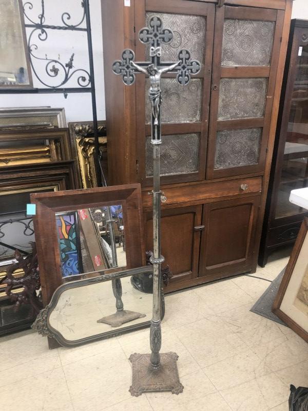 Iron base & metal chrome plated adjustable Jesus on the cross floor model, from attic of (3): Iron base & metal chrome plated adjustable Jesus on the cross floor model, from attic of (3) generation Funeral Home in the Hudson Valley, as you see it now for picture, it stands 60" high. Good as fo