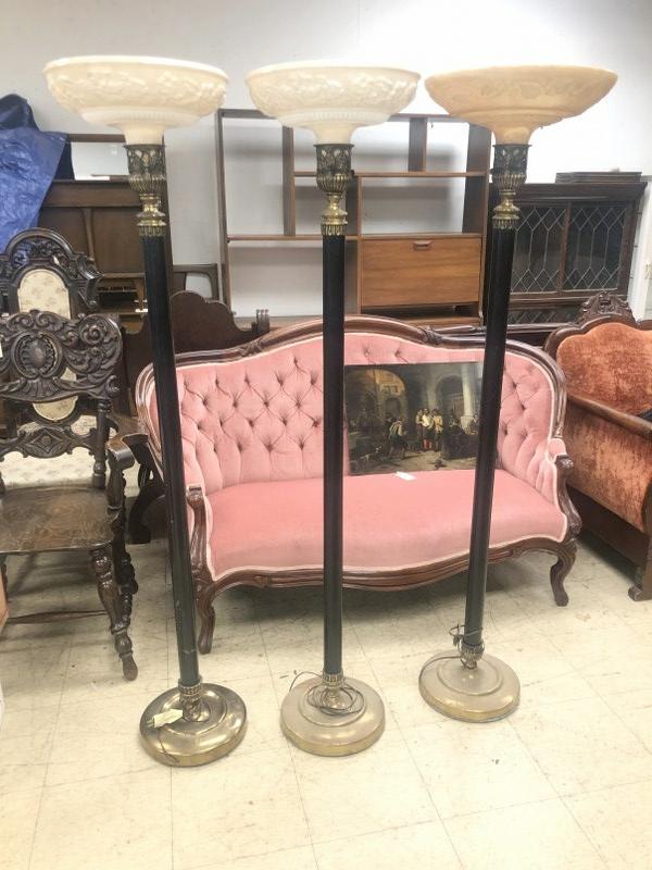 (3) matching base torchere lamps from (3) generation Funeral Home in the Hudson Valley (one shade: (3) matching base torchere lamps from (3) generation Funeral Home in the Hudson Valley (one shade has small hole in it), They stand 64" high, brass basesâ€¦..