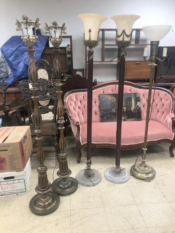 (5) as found-as is torchere lamps from (3) generation Funeral Home in the Hudson Valley, with some: (5) as found-as is torchere lamps from (3) generation Funeral Home in the Hudson Valley, with some misc. shades with the lot. The pair in center with maroon base has some filigree broken on neck where