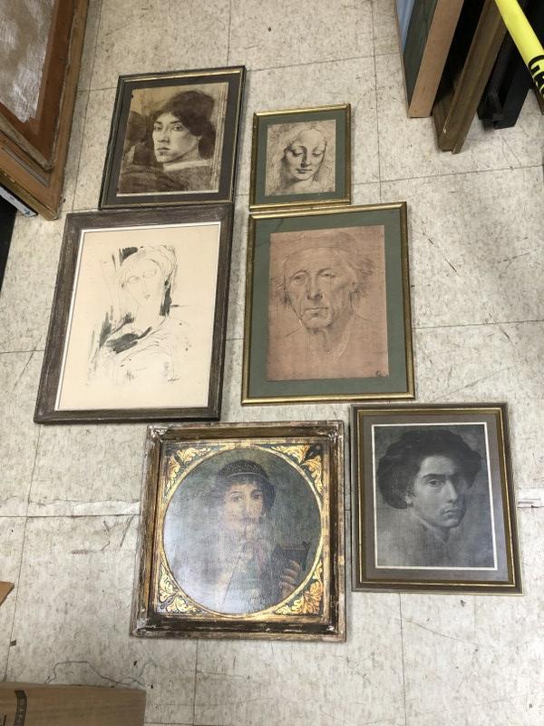 (6) pc. Art portrait lot including (2) pencil-charcoal drawings, & decorative printsâ€¦.from (1 of 8)