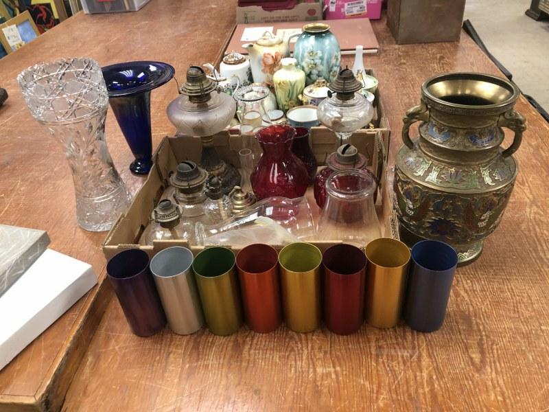 Estate lot misc. porcelains, oil lamps, champleve brass vase, etc. as pictured. Good lot to sort (1 of 8)