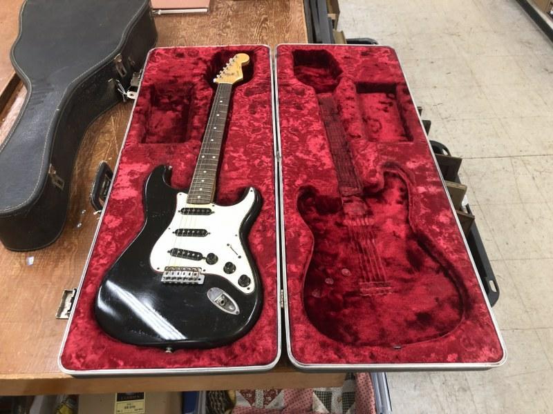 Vintage as found Fender Squier Stratocaster guitar, as found in local estate, body has wear, serial (1 of 5)