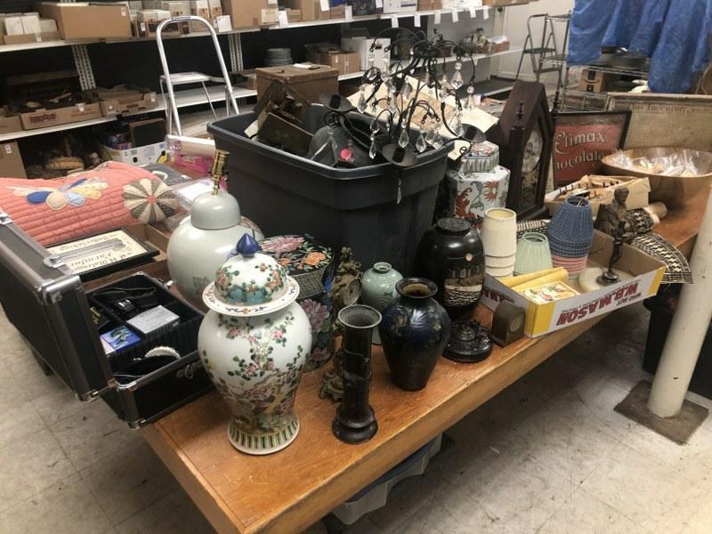 Big misc. cart lot to include Asian ceramics, metal wares, clocks, music rolls, pottery, costume (1 of 17)