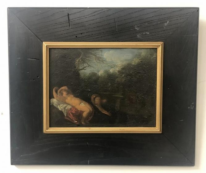 Early o/b reclining nude woman, with person next to her, landscape setting with sky and trees in: Early o/b reclining nude woman, with person next to her, landscape setting with sky and trees in background, and water, painting is dark, paint crackled, small flake off her red cloth. Appears to be a