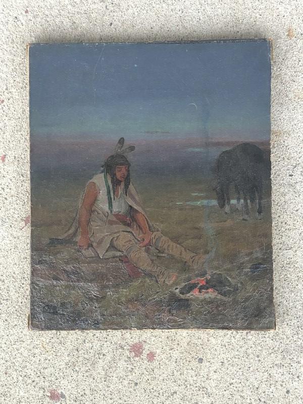 Early o/c Native American Indian sitting by fire, horse next to him, one hand on his rifle,: Early o/c Native American Indian sitting by fire, horse next to him, one hand on his rifle, unsigned, canvas on a replaced stretcher, painting measures 12" x 10", signed illegibly in lower left corner