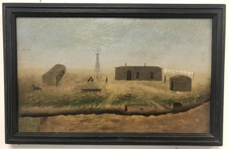 Unsigned o/b landscape with simple structure buildings, woman by clothes line, man standing by (1 of 3)