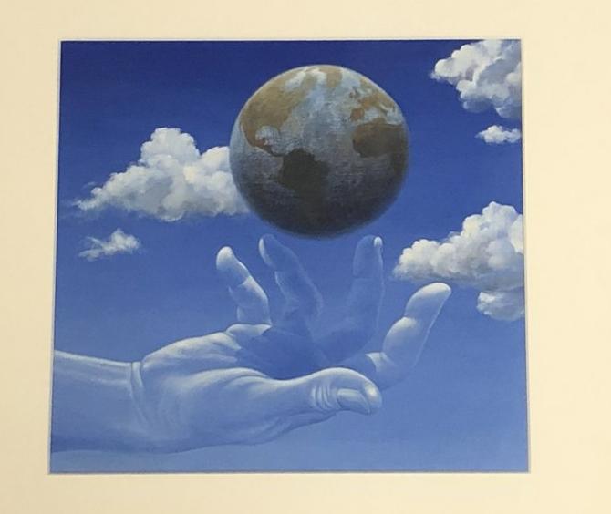 Unsigned illustration of hand with the world in the sky, possibly illustration by (Kevin Johnson ), (1 of 2)