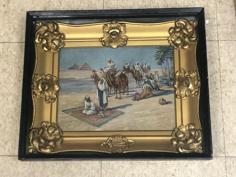 Circa 1900 o/c Egyptians in desert on camels, pyramids in background, man praying on rug in: Circa 1900 o/c Egyptians in desert on camels, pyramids in background, man praying on rug in foreground. In shadowbox frame, intact, innice condition. Painting measures 9" x 12", shadowbox frame measur