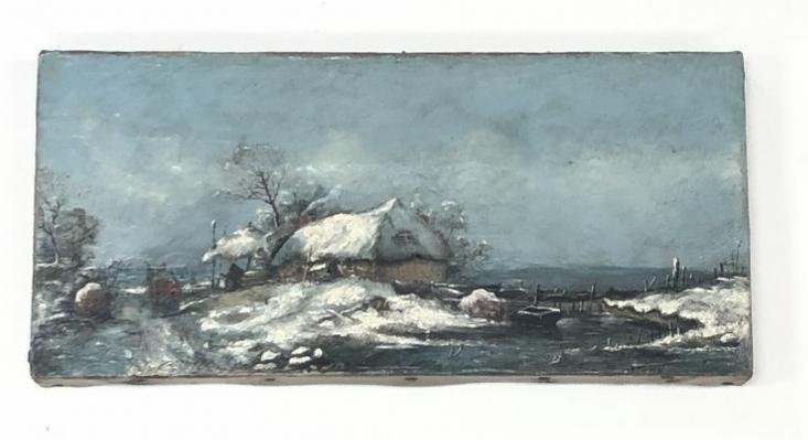 Early o/c Winter landscape, with house surrounded by water, man & woman on the left side, painting: Early o/c Winter landscape, with house surrounded by water, man & woman on the left side, painting measures 5.75" x 12.25". Has partial frame from Providence, Rhode Island. From Hudson, N.Y. estate of